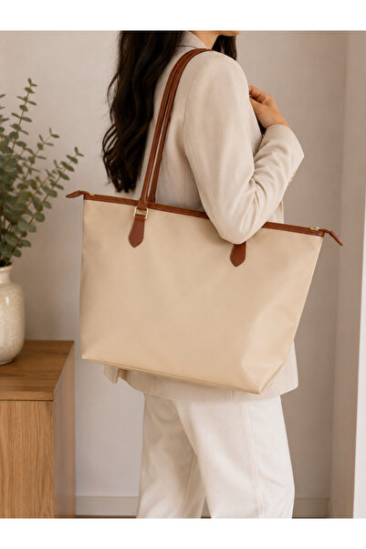emelimin Women's Cream-Tan Large Shoulder Bag with Zipper, Faux Leather Tote ...