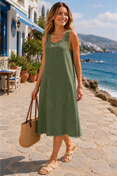 moonra collection Haki Keten Çiçek Detay Midi Trend Elbise