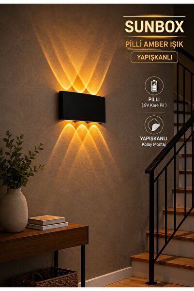 Sunbox Kablosuz Pilli Amber LED Duvar Aplik - Yapışkanlı Modern Aydınlatma (P...