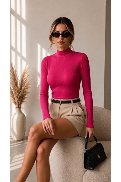 MELA ROSSA Women's Fuchsia Pink High Neck Backless Long Sleeve Stretchy Camis...