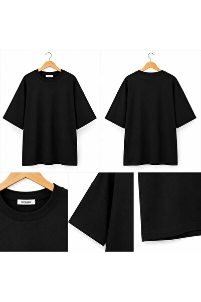 Erkek Siyah Oversize Tişört Salaş Basic Rahat Kesim Bisiklet Yaka Pamuklu T-Shirt