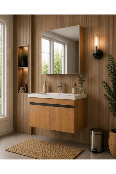 Demezler Home Modern Alya 80 cm Ahşap Renkli MDF Seramik Lavabolu Alt ve Üst ...