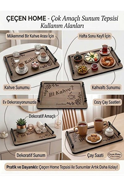ÇEÇEN HOME (33X23 cm) Luxury Wooden Presentation Tray - Bi Coffee Patterned T...
