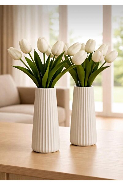 2'li Modern Dekorasyon İçin Şık Beyaz Çizgili Seramik Çiçek Vazo 16cm - Minimal ve Zarif Vazo Modeli