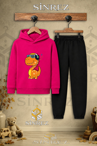 SİNREZ Children's Unisex Single Dino Headphones Orange Printed Hooded Tracksu...