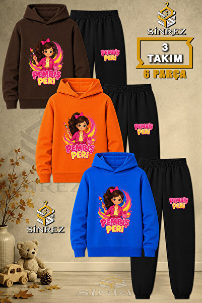 SİNREZ Children's Unisex 3Lu Pembis Peri Yarim Painter Printed Hooded Tracksu...