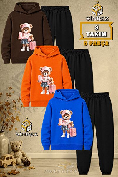 SİNREZ Children's Unisex 3Lu Teddy Bear Pink Printed Hooded Tracksuit Set wit...