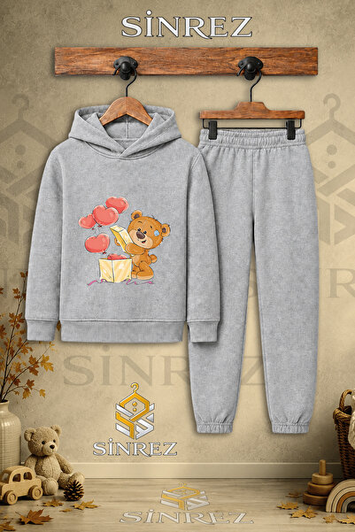 SİNREZ Children's Unisex Single Teddy Bear and Hearts Printed Hooded Tracksui...