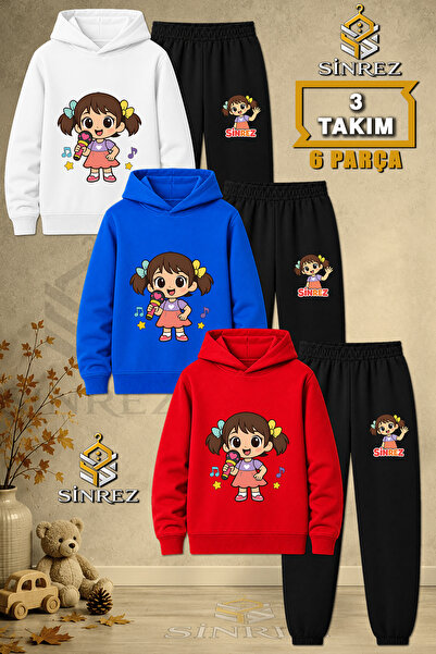 SİNREZ Children's Unisex 3Lu Girls' Microphone Printed Hooded Tracksuit Set