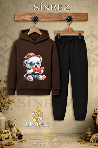 SİNREZ Children's Unisex Single Bear White Watermelon Eating Printed Hooded T...