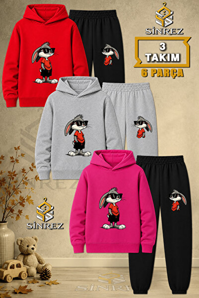 SİNREZ Children's Unisex 3Lu Rabbit Printed Hooded Tracksuit Set with Glasses