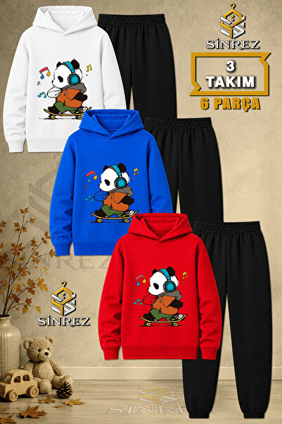 SİNREZ Children's Unisex 3Lu Panda Skateboard Colorful Note Printed Hooded Tr...