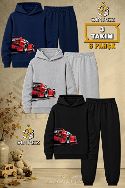 SİNREZ Children's Unisex 3Lu Car Red Printed Hooded Tracksuit Set on the Righ...
