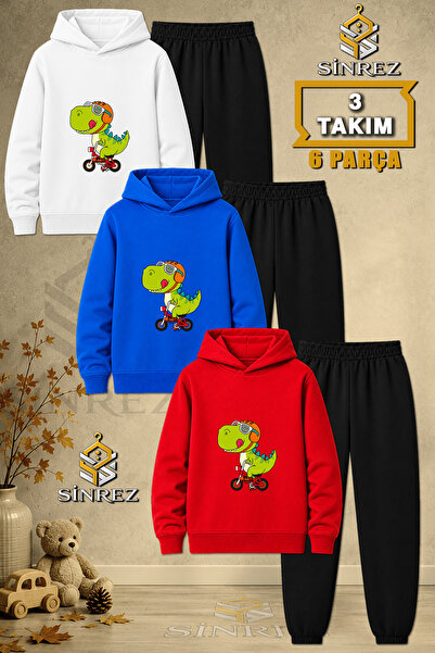 SİNREZ Children's Unisex 3Lu Dino Green Bicycle Printed Hooded Tracksuit Set