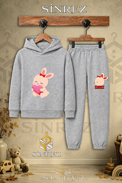 SİNREZ Children's Unisex Single Rabbit in the Lap Pink Heart Printed Hooded T...