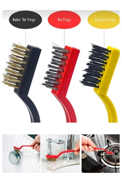 3'lü Set Çok Amaçlı Mini Tel Fırça (Bakır, Çelik, Naylon) - Pas, Yağ ve Kir Sökücü Temizlik Fırçası