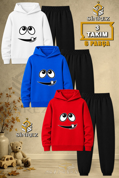SİNREZ Children's Unisex 3Lu Single Dis Eye Face Printed Hooded Tracksuit Set