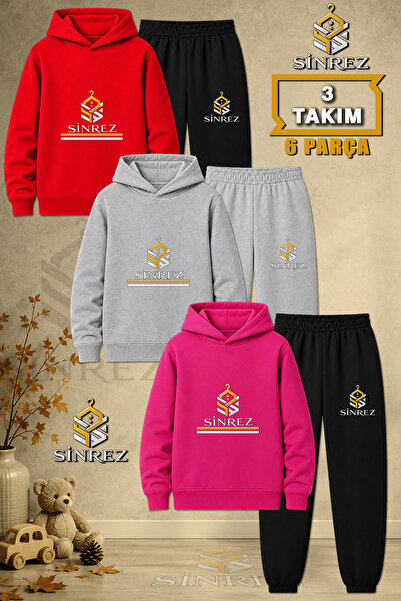 SİNREZ Children's Unisex 3Lu Logo Two-Line Printed Hooded Tracksuit Set