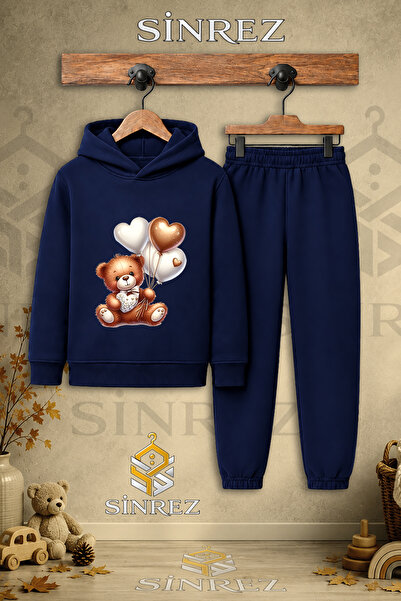 SİNREZ Children's Unisex Single Teddy Bear Heart Balloons Printed Hooded Trac...