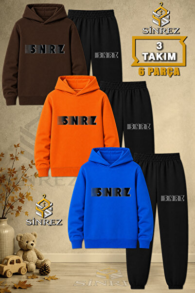 SİNREZ Children's Unisex 3Lu Shadow Black Text Printed Hooded Tracksuit Set