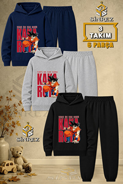 SİNREZ Children's Unisex 3Lu Goku Printed Hooded Tracksuit Set with Back Lett...