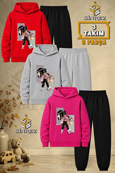 SİNREZ Children's Unisex 3Lu Anime Girl Square Printed Hooded Tracksuit Set
