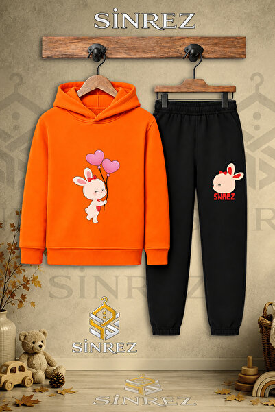 SİNREZ Children's Unisex Single Rabbit Heart Balloon Printed Hooded Tracksuit...