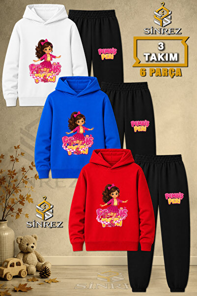 SİNREZ Children's Unisex 3Lu Pink Fairy Skate Printed Hooded Tracksuit Set