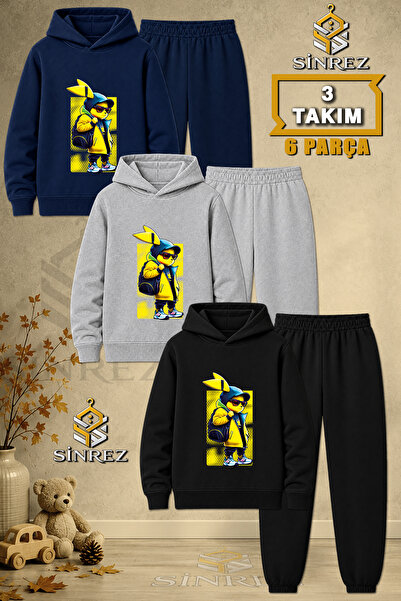SİNREZ Children's Unisex 3Lu Tavsan Yellow Cantali Printed Hooded Tracksuit Set