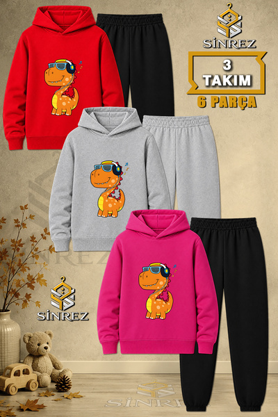 SİNREZ Children's Unisex 3Lu Dino Headphones Orange Printed Hooded Tracksuit Set