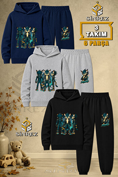 SİNREZ Children's Unisex 3Lu Zenko Multiple Pose Printed Hooded Tracksuit Set