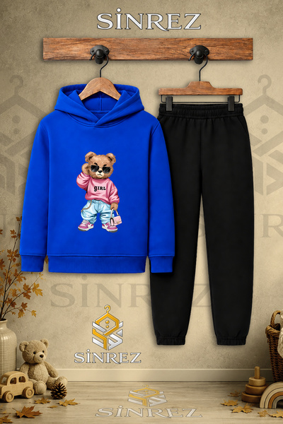 SİNREZ Children's Unisex Single Teddy Bear Pink Sweatshirt Girl Printed Hoode...