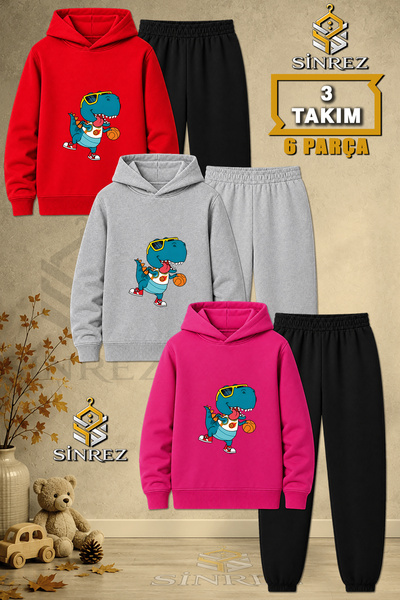SİNREZ Children's Unisex 3Lu Dino Basketball Printed Hooded Tracksuit Set