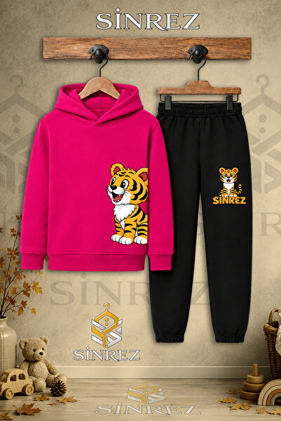 SİNREZ Children's Unisex Single Tiger Printed Hooded Tracksuit Set on the Lef...