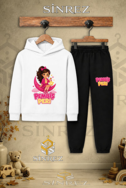 SİNREZ Children's Unisex Single-Piece Pink Fairy Printed Hooded Tracksuit Set...
