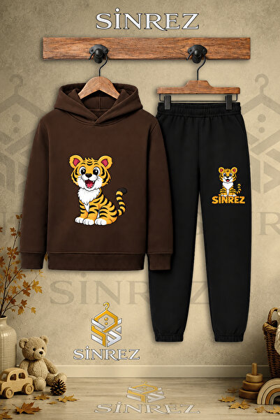 SİNREZ Children's Unisex Single Tiger Sitting Printed Hooded Tracksuit Set