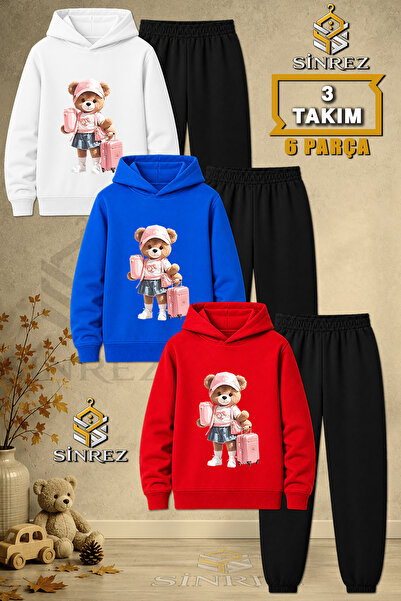 SİNREZ Children's Unisex 3Lu Teddy Bear Pink Printed Hooded Tracksuit Set wit...