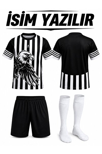 yenteks İsim Yazılır Taraftar Futbol Forması Kartal Desen Siyah Beyaz+Çocuk F...