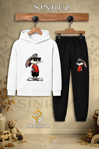 SİNREZ Children's Unisex Hooded Tracksuit Set with Glasses and Rabbit Print