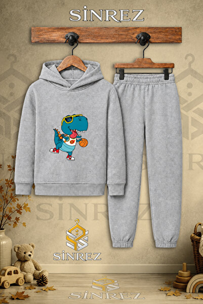 SİNREZ Children's Unisex Single Dino Basketball Printed Hooded Tracksuit Set