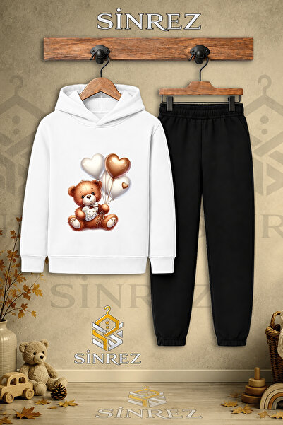 SİNREZ Children's Unisex Single Teddy Bear Heart Balloons Printed Hooded Trac...