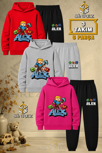 SİNREZ Children's Unisex 3Lu Alex Batlali Printed Hooded Tracksuit Set
