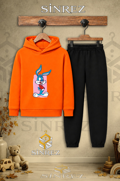 SİNREZ Children's Unisex Single Tavsan Boys Pink Canvas Printed Hooded Tracks...