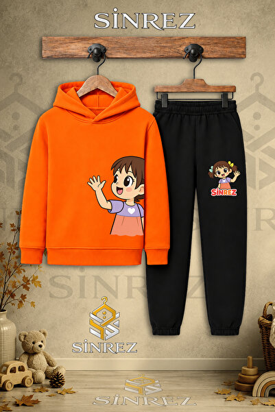 SİNREZ Children's Unisex Single Girl's Left Side Printed Hooded Tracksuit Set