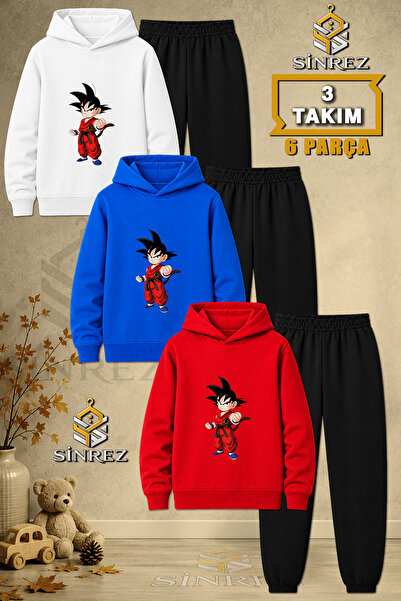 SİNREZ Children's Unisex 3Lu Goku Standing Fist Printed Hooded Tracksuit Set