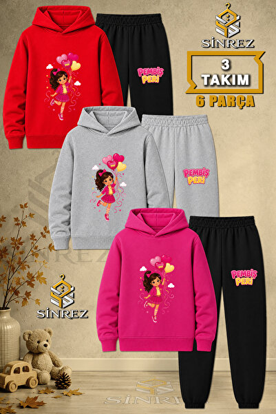 SİNREZ Children's Unisex 3Lu Pink Fairy Holding Balloon Printed Hooded Tracks...