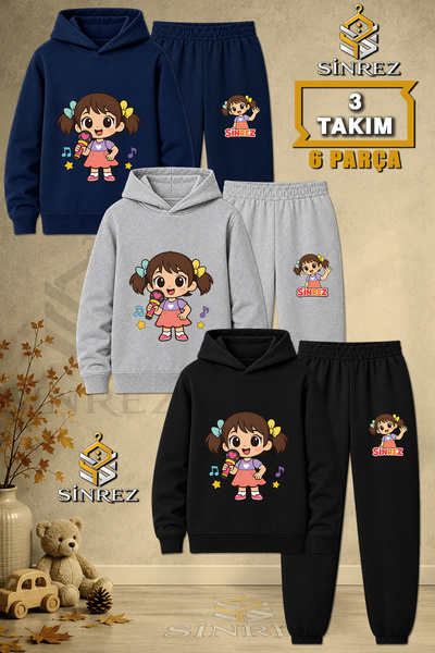 SİNREZ Children's Unisex 3Lu Girls' Microphone Printed Hooded Tracksuit Set