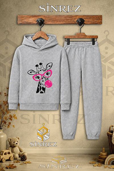 SİNREZ Children's Unisex Single Giraffe Printed Hooded Tracksuit Set with Gla...