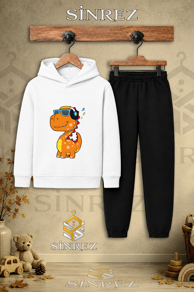 SİNREZ Children's Unisex Single Dino Headphones Orange Printed Hooded Tracksu...