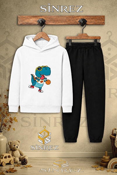 SİNREZ Children's Unisex Single Dino Basketball Printed Hooded Tracksuit Set